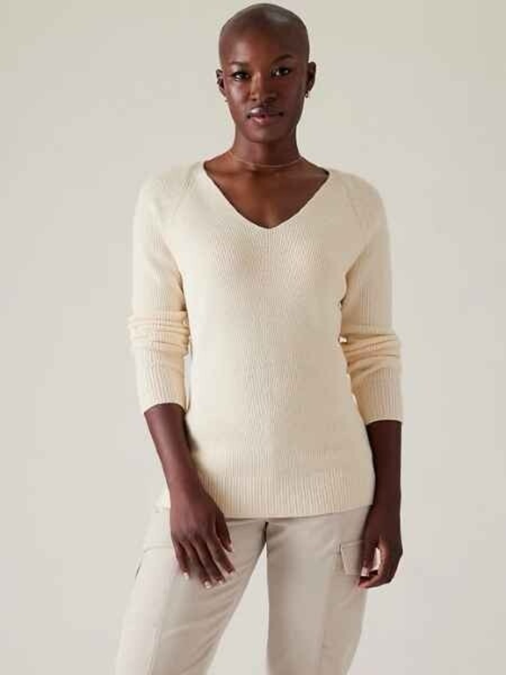 Athleta Hanover Refined V-Neck Sweater Magnolia White